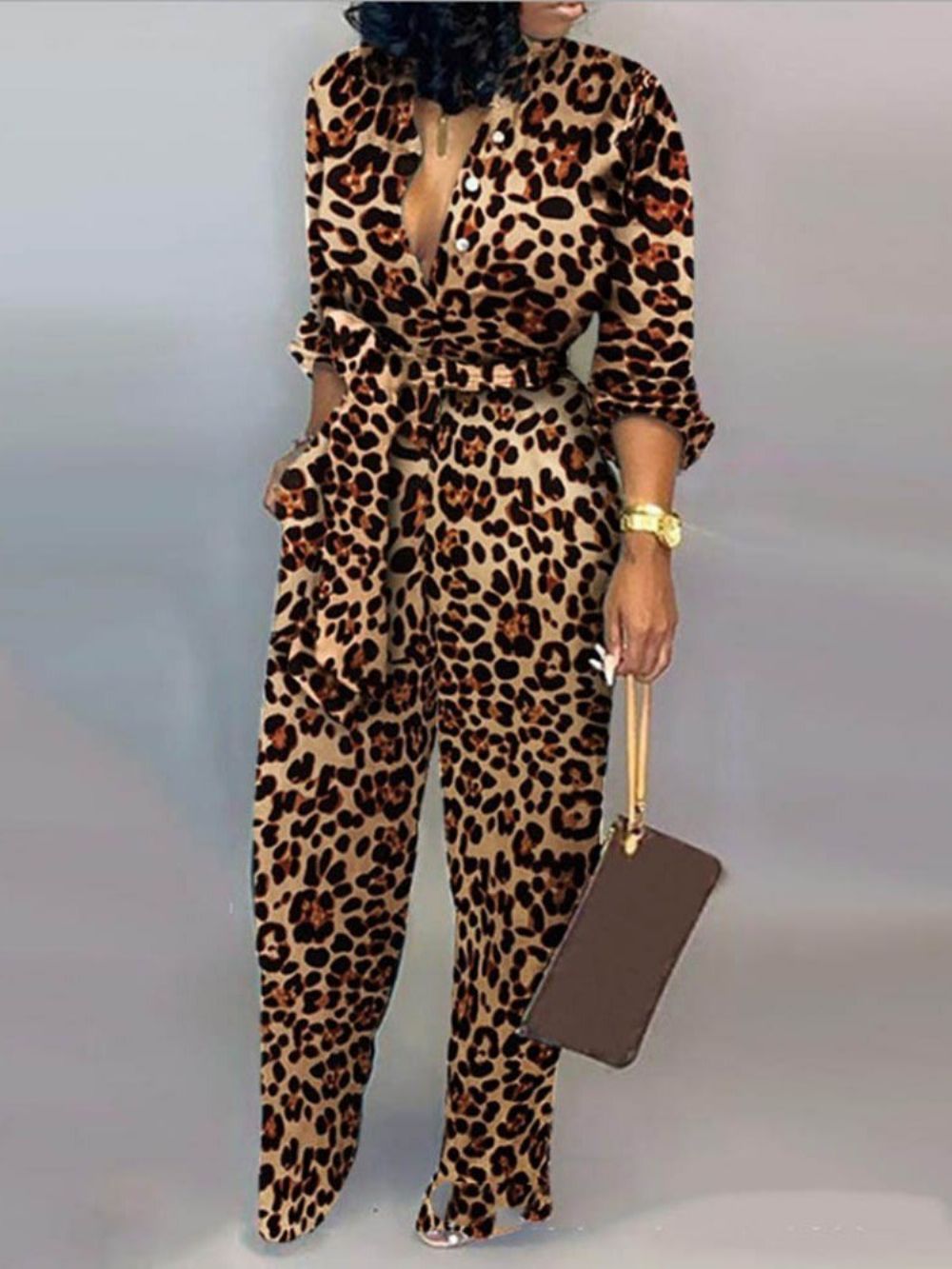 Casual Damesjumpsuit Met Rechte Taille En Veters In Luipaardprint