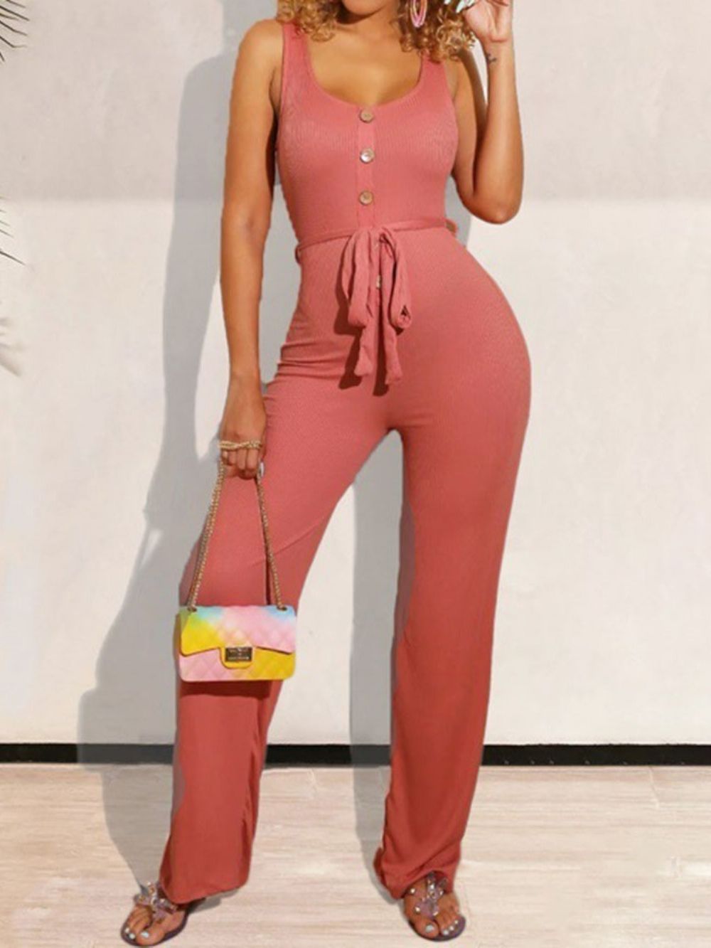 Casual Rechte Damesjumpsuit Met Knoopsluiting Over De Volledige Lengte