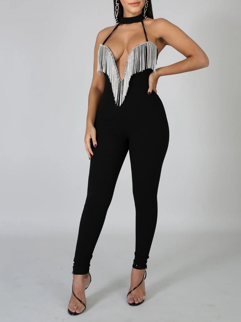 Casual Skinny Jumpsuit Met Kwastjes Over De Volledige Lengte