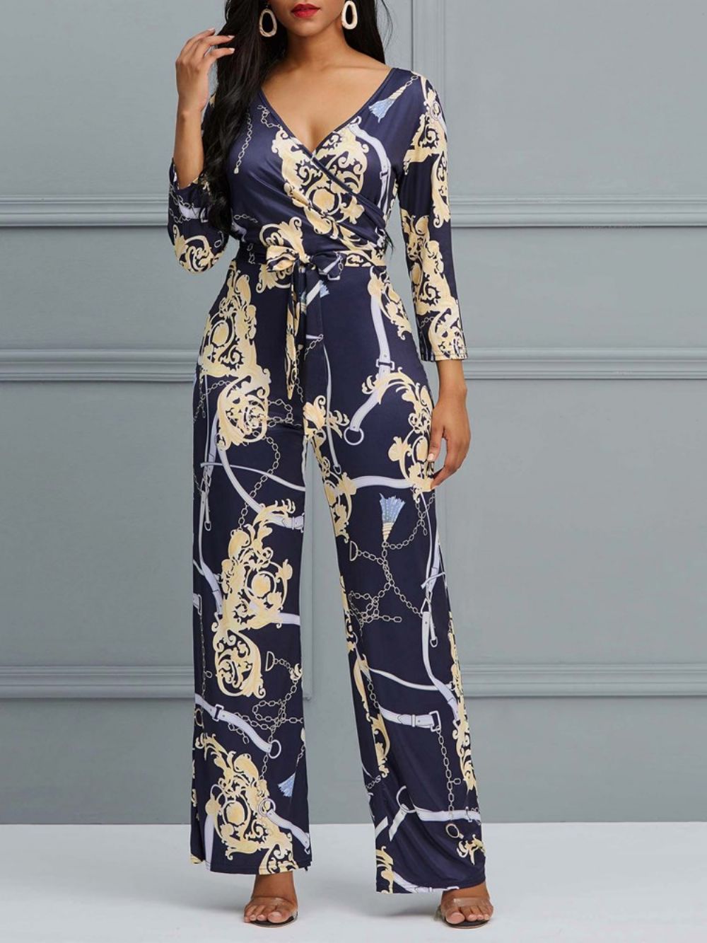 Dames Jumpsuit Met Bloemen V-Hals Print En Wijde Pijpen