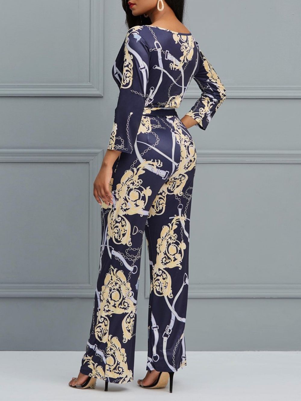 Dames Jumpsuit Met Bloemen V-Hals Print En Wijde Pijpen