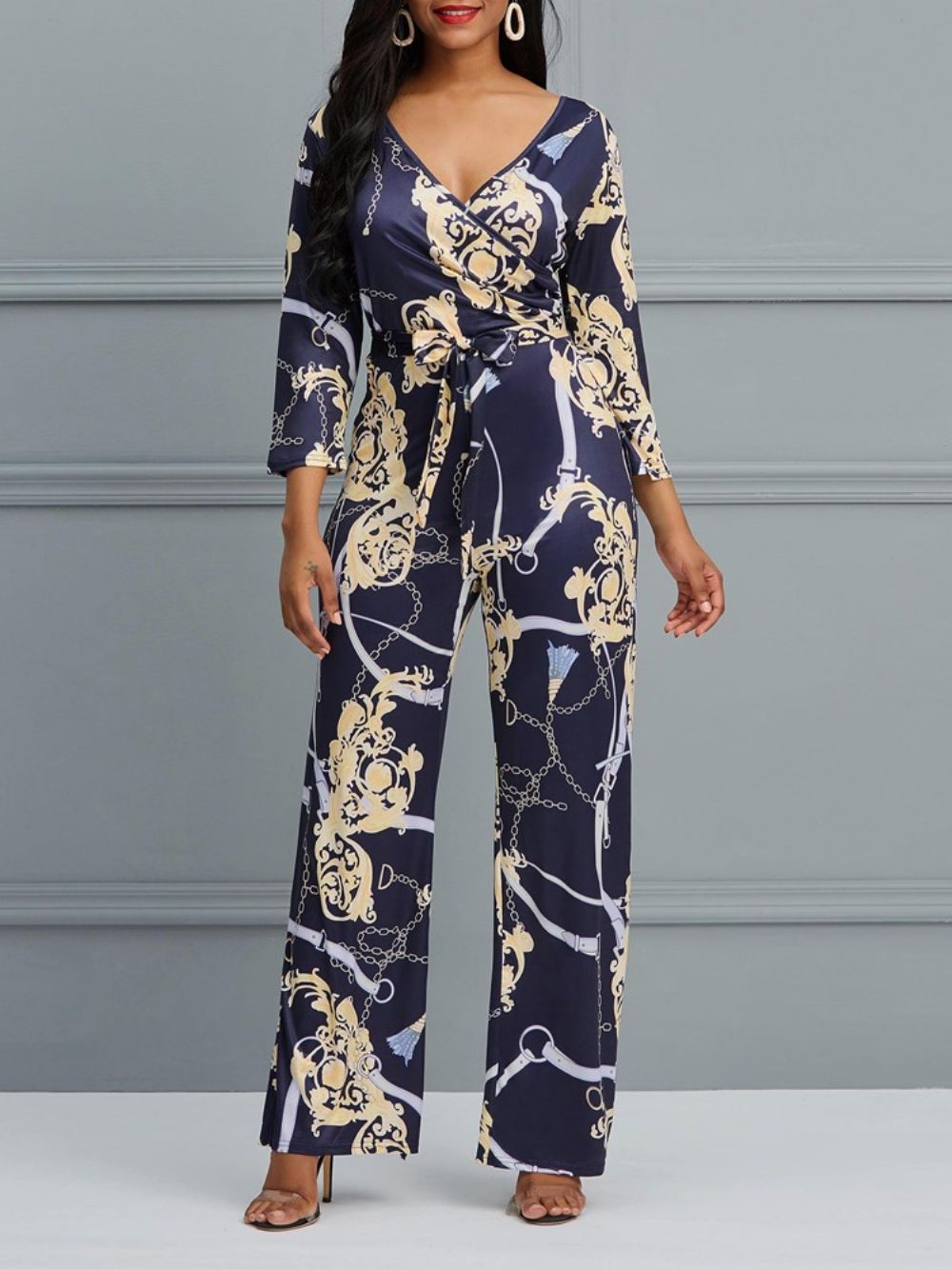 Dames Jumpsuit Met Bloemen V-Hals Print En Wijde Pijpen