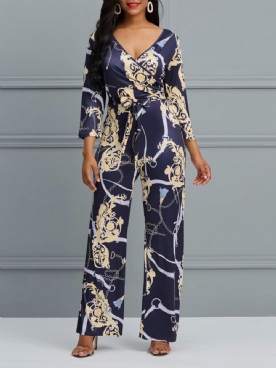 Dames Jumpsuit Met Bloemen V-Hals Print En Wijde Pijpen