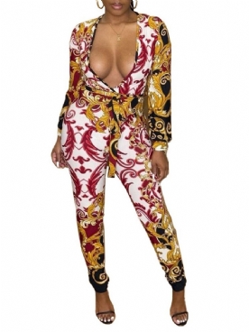 Dames Skinny Jumpsuit Met Westerse Print En Halfhoge Taille