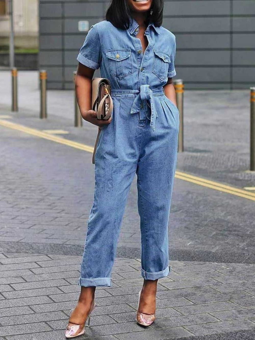 Denim Effen Lange Jumpsuit Met Veters En Hoge Taille En Rechte Zak