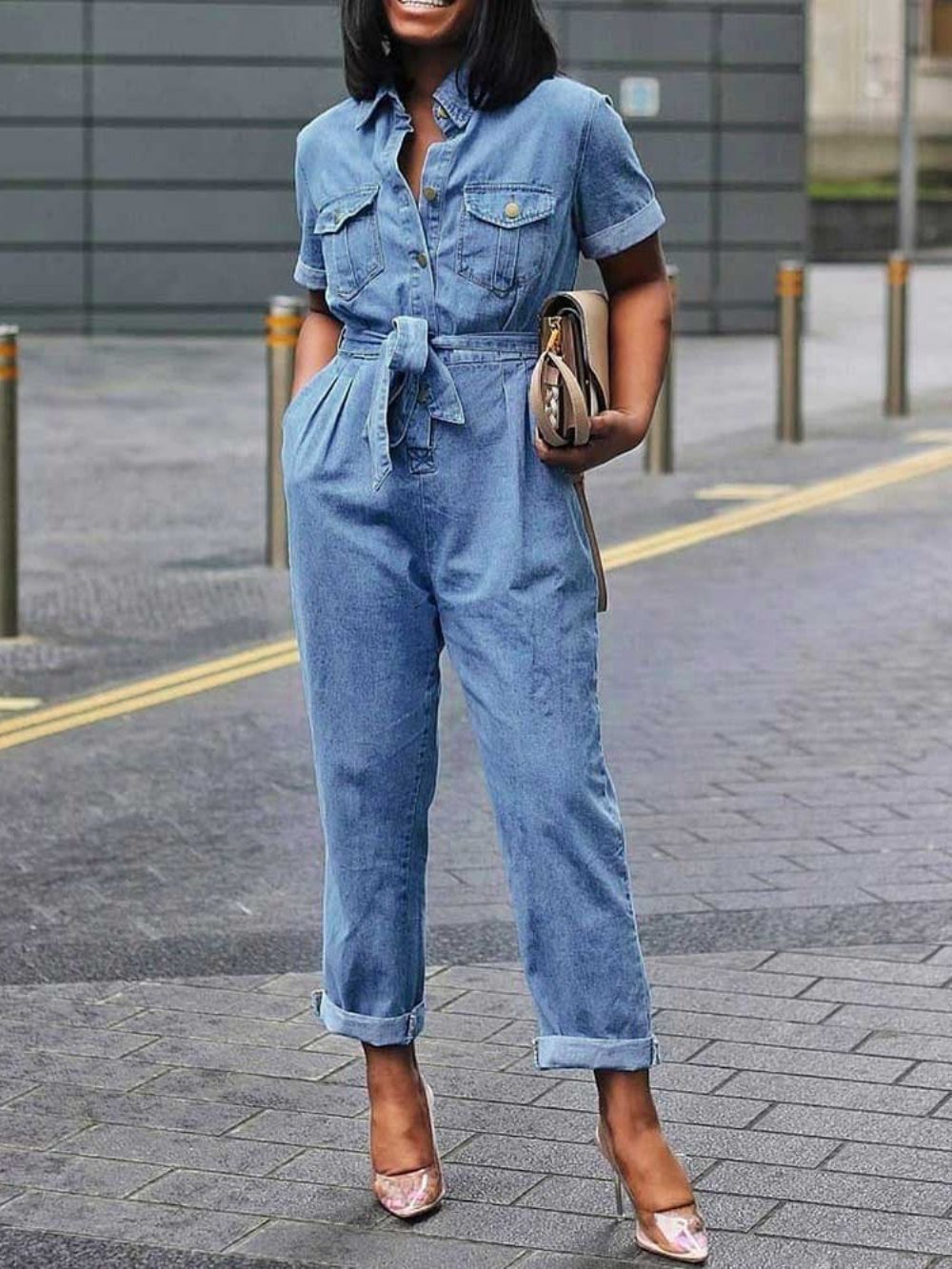 Denim Effen Lange Jumpsuit Met Veters En Hoge Taille En Rechte Zak