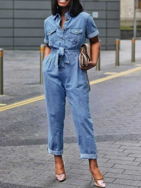 Denim Effen Lange Jumpsuit Met Veters En Hoge Taille En Rechte Zak