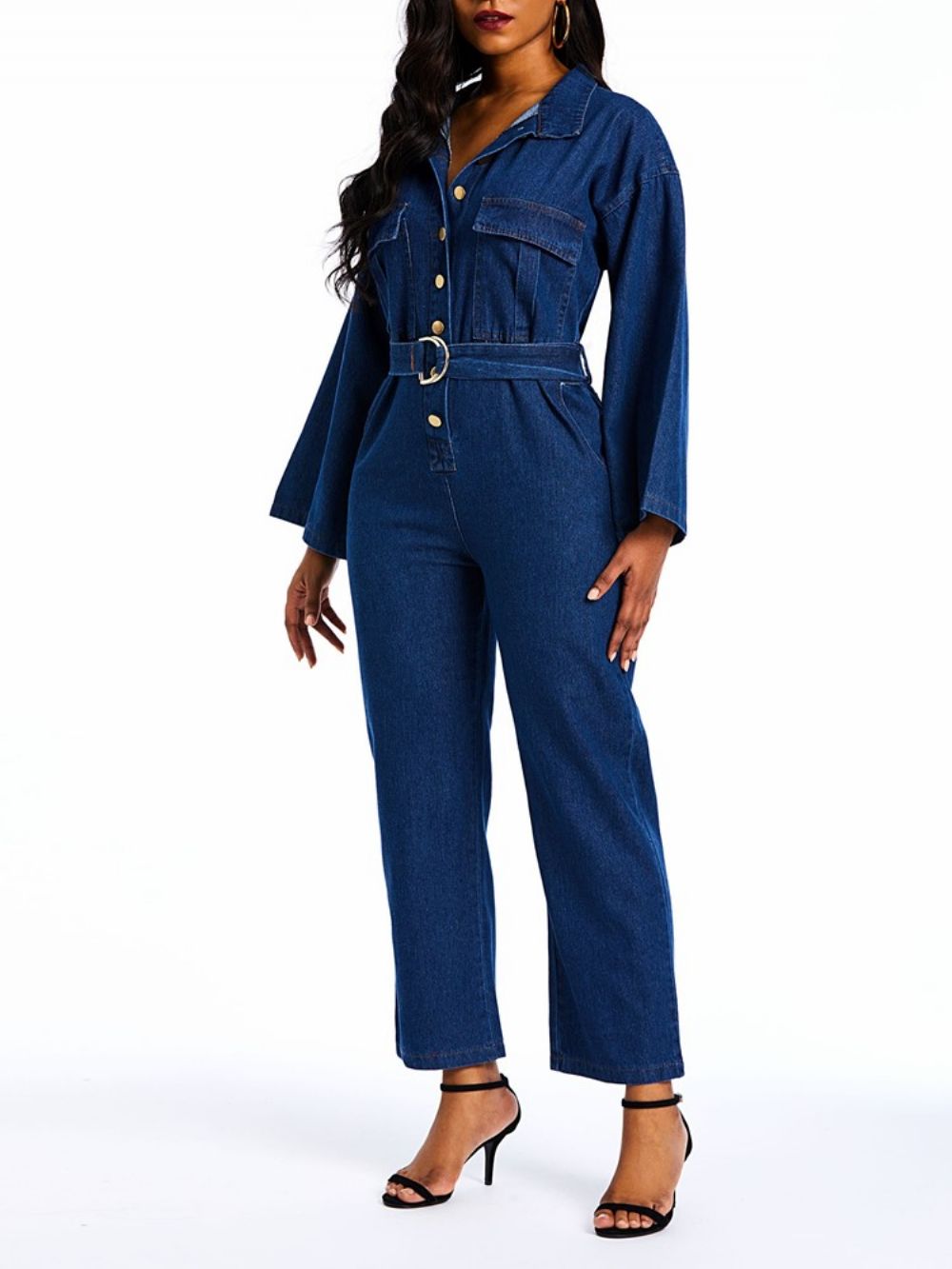 Denim Effen Rechte Jumpsuits Met Losse Knopen