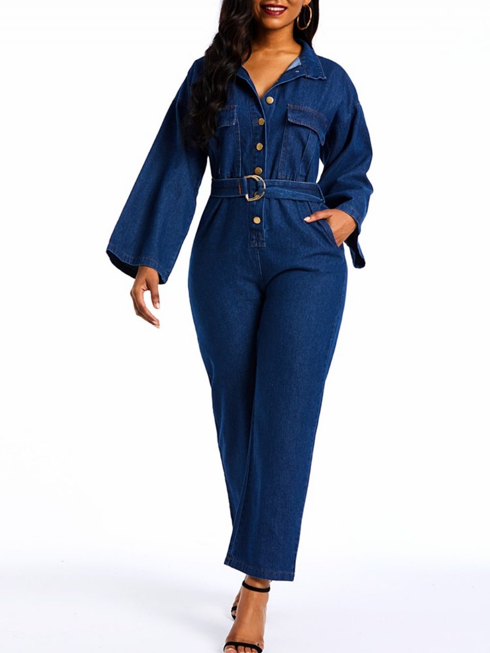 Denim Effen Rechte Jumpsuits Met Losse Knopen