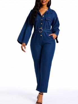 Denim Effen Rechte Jumpsuits Met Losse Knopen