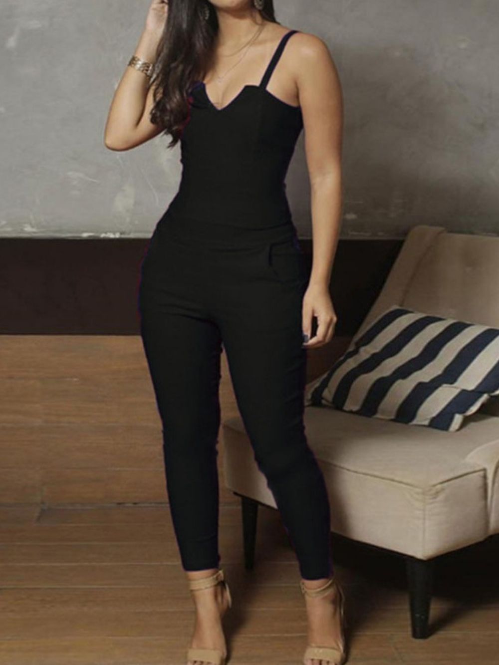 Effen Bandjes Halfhoge Skinny Jumpsuit Met Hoge Taille