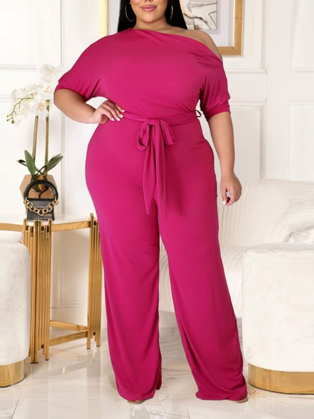 Effen Damesjumpsuit Met Volledige Lengte Wijde Pijpen En Lage Taille