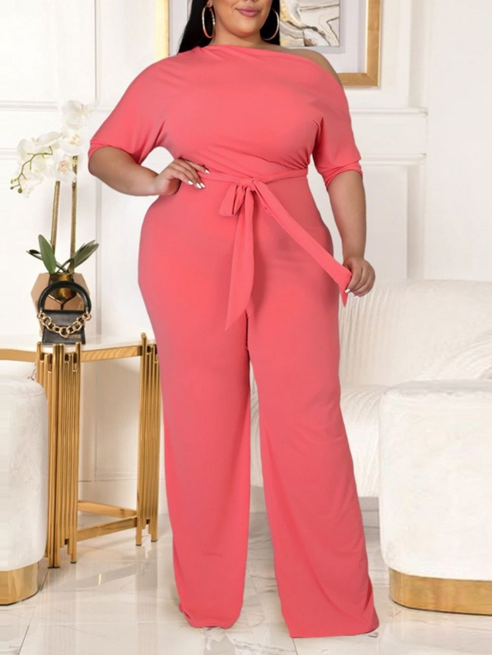 Effen Damesjumpsuit Met Volledige Lengte Wijde Pijpen En Lage Taille