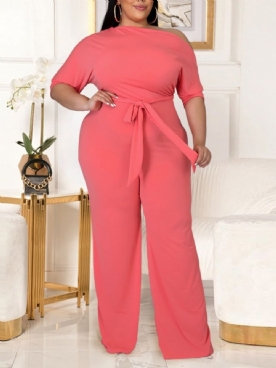 Effen Damesjumpsuit Met Volledige Lengte Wijde Pijpen En Lage Taille