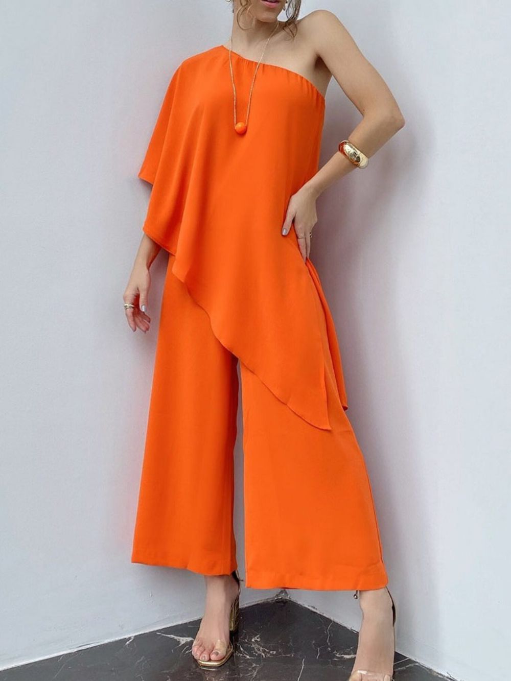 Effen Enkellange Asymmetrische Losse Mid Waist Jumpsuit