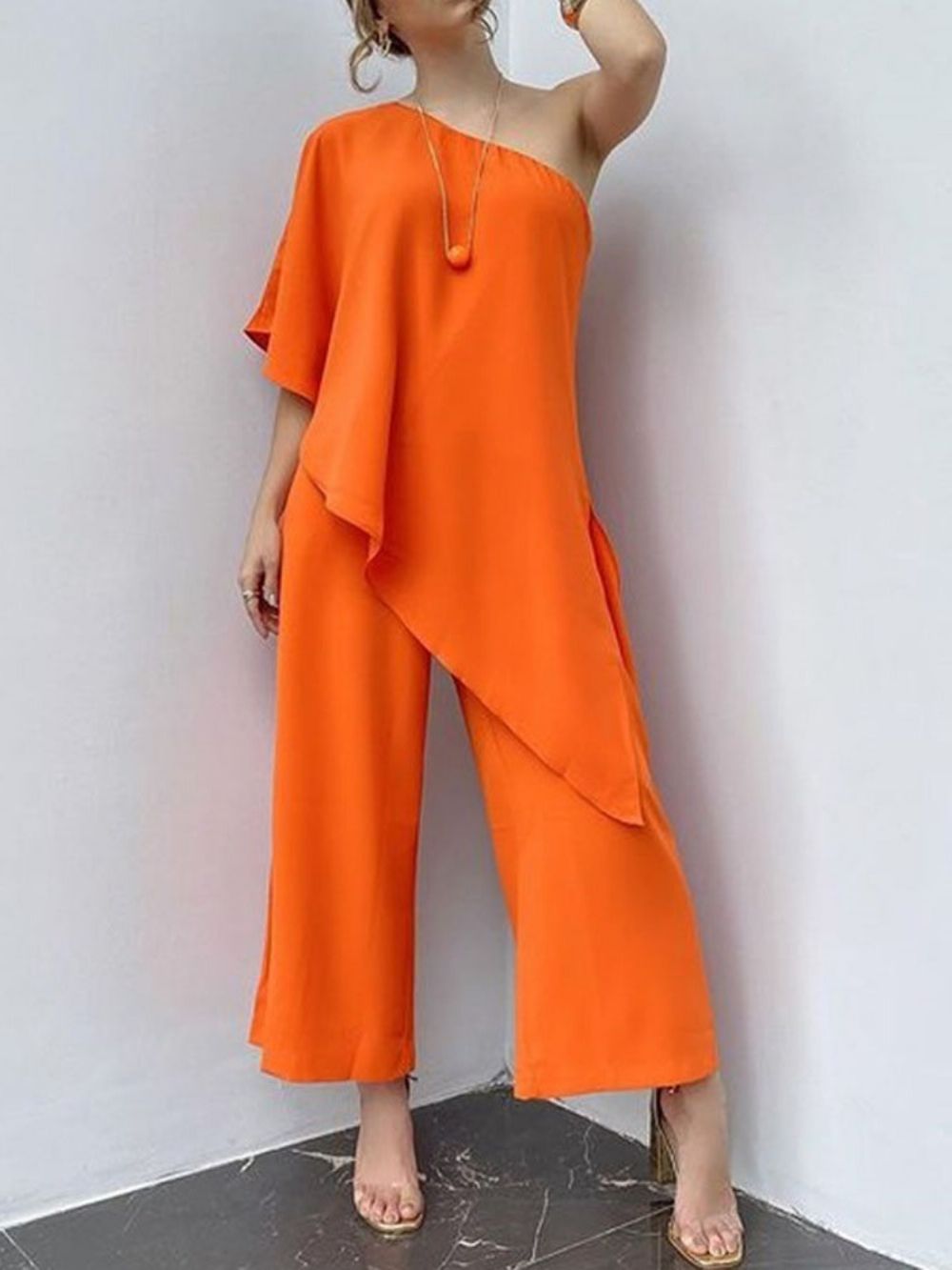 Effen Enkellange Asymmetrische Losse Mid Waist Jumpsuit