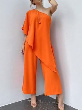 Effen Enkellange Asymmetrische Losse Mid Waist Jumpsuit