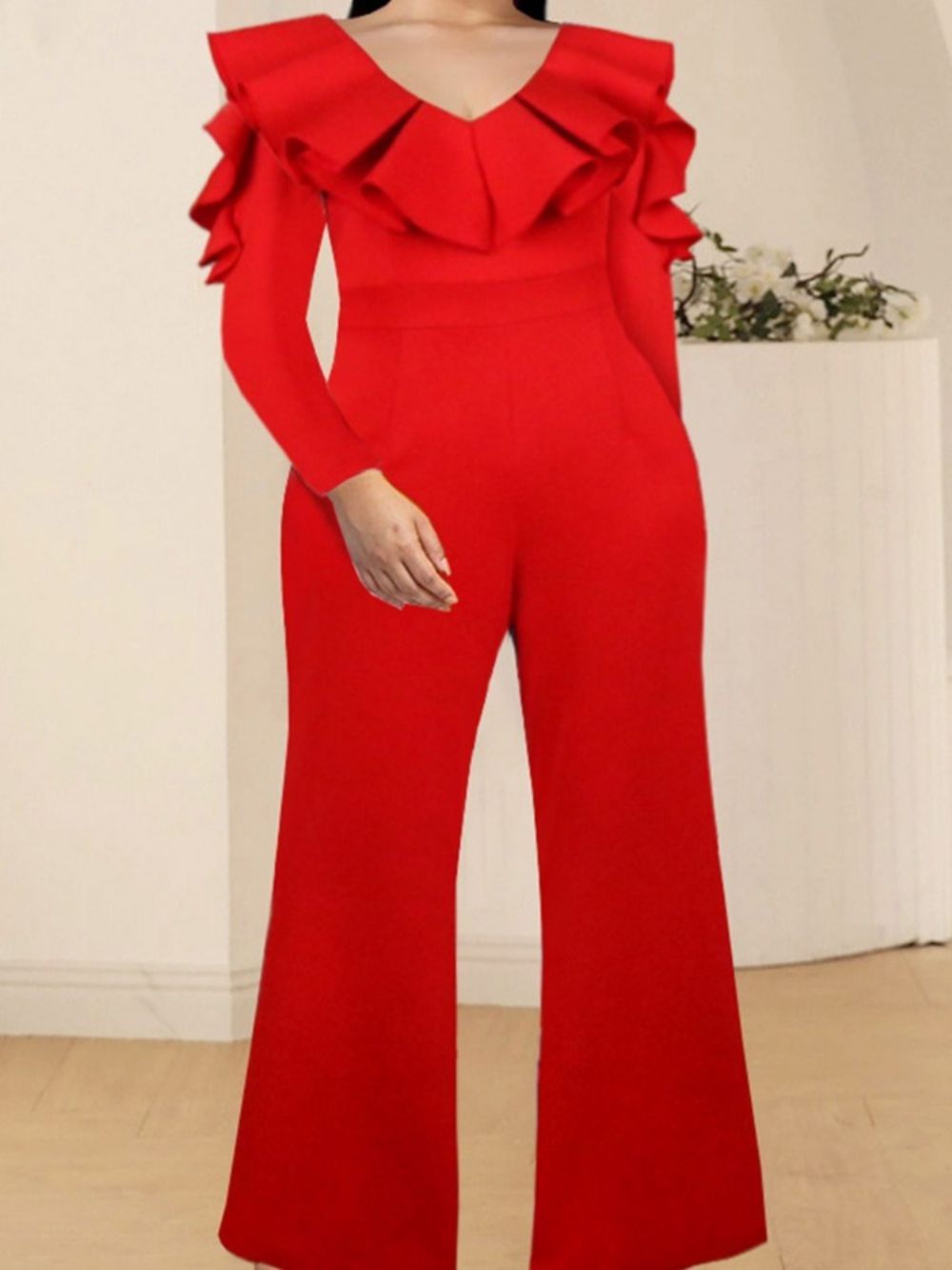 Effen Falbala Fashion Slim-Jumpsuit Met Wijde Pijpen