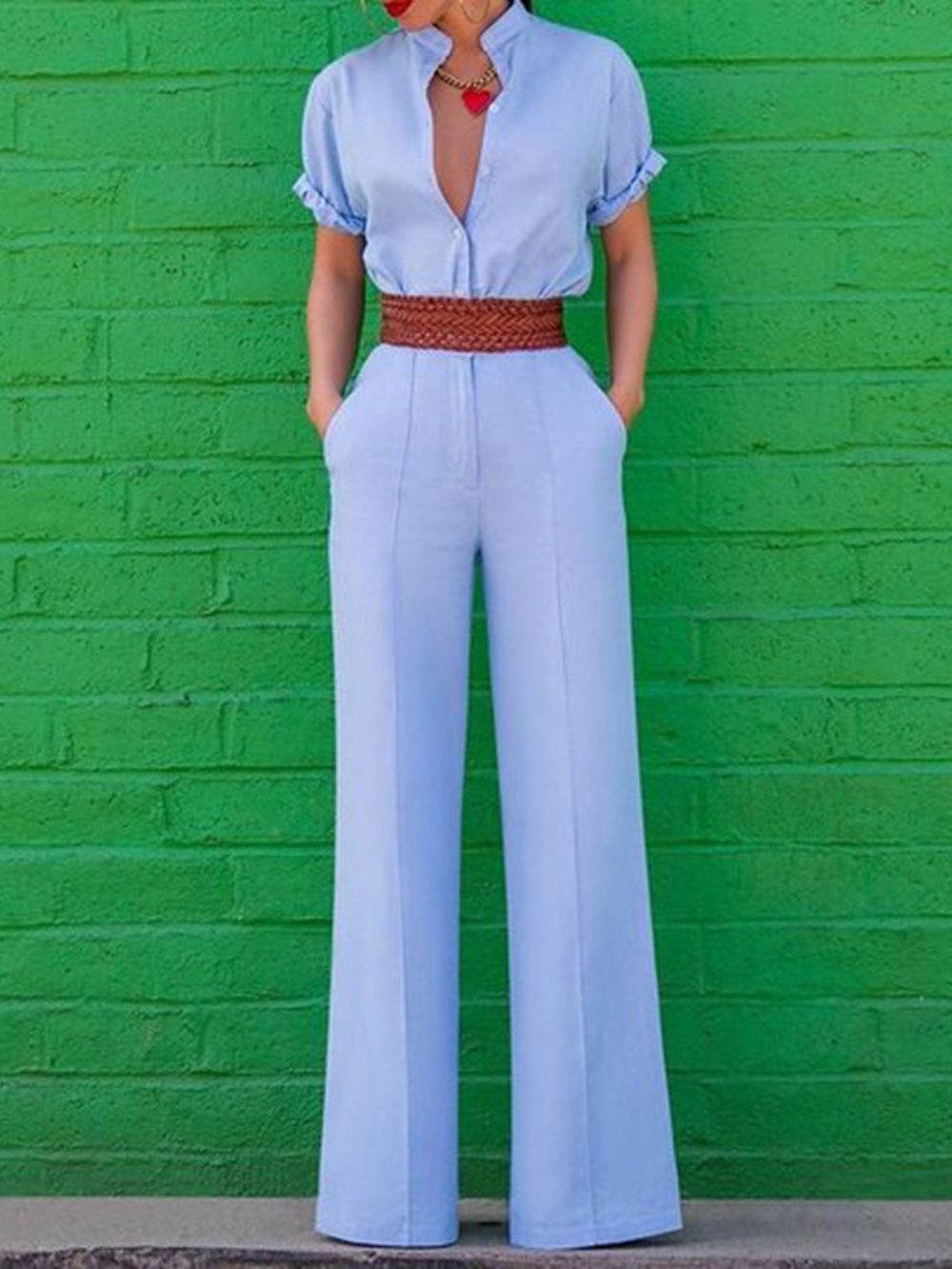 Effen Full-Length Office Lady Straight-Jumpsuit Met Hoge Taille