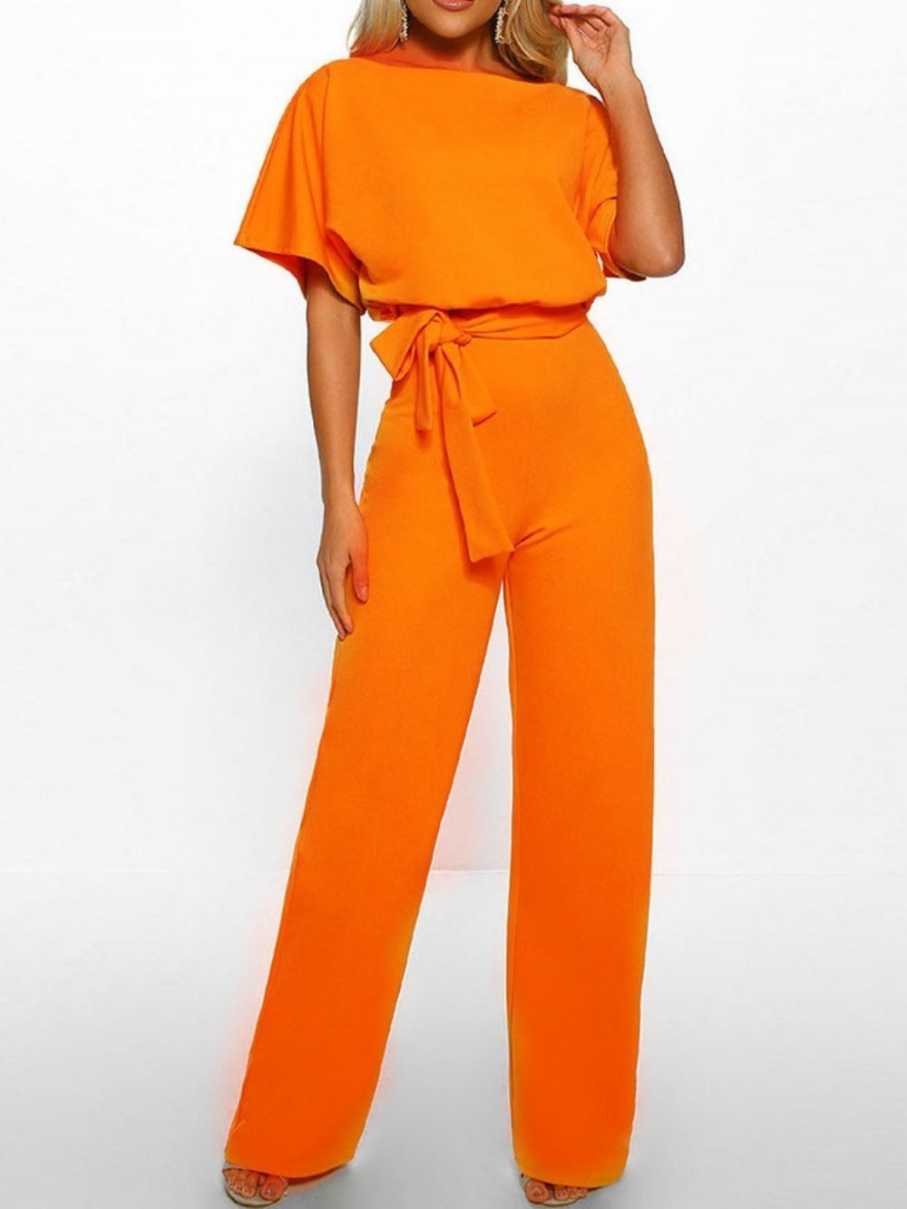 Effen Jumpsuit Met Hoge Taille En Losse Riem Over De Volledige Lengte