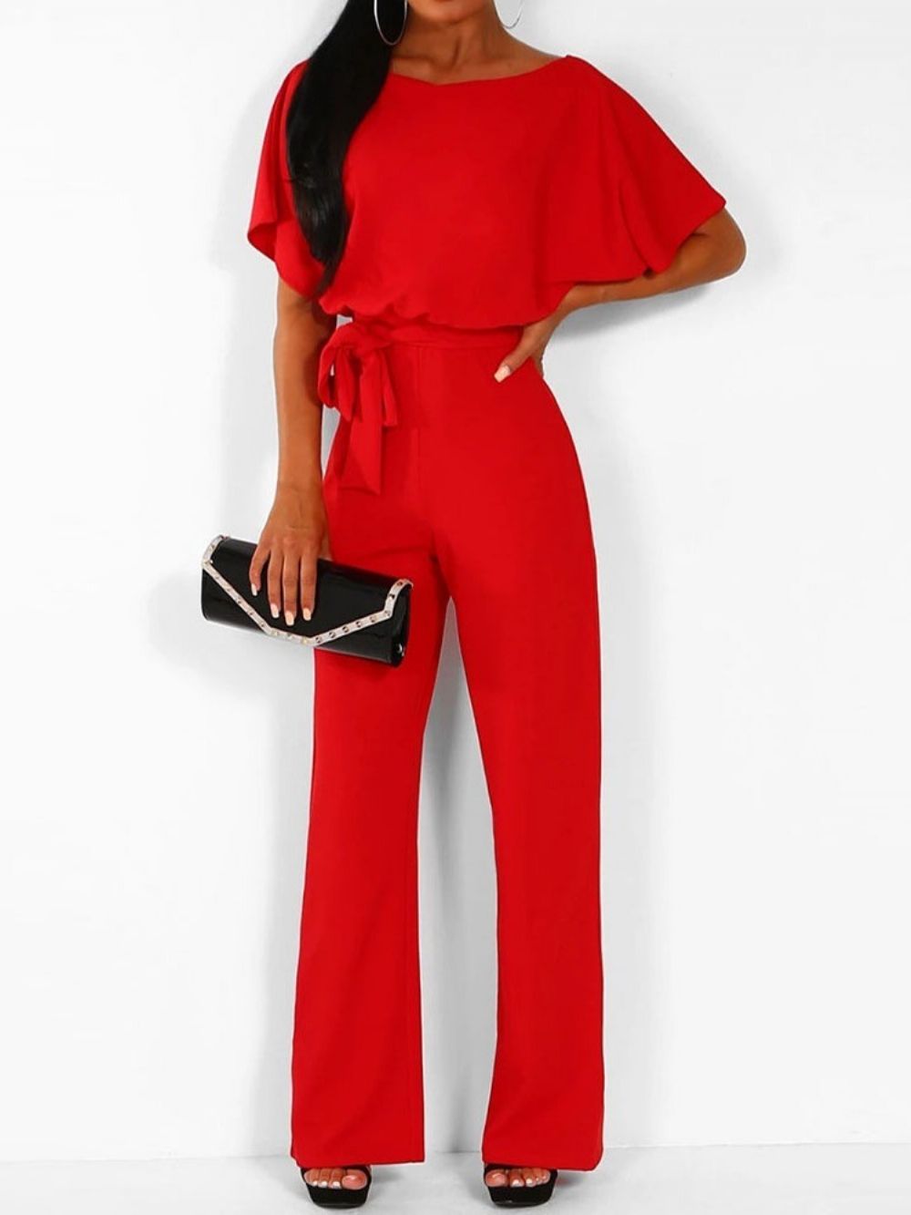 Effen Jumpsuit Met Hoge Taille En Losse Riem Over De Volledige Lengte