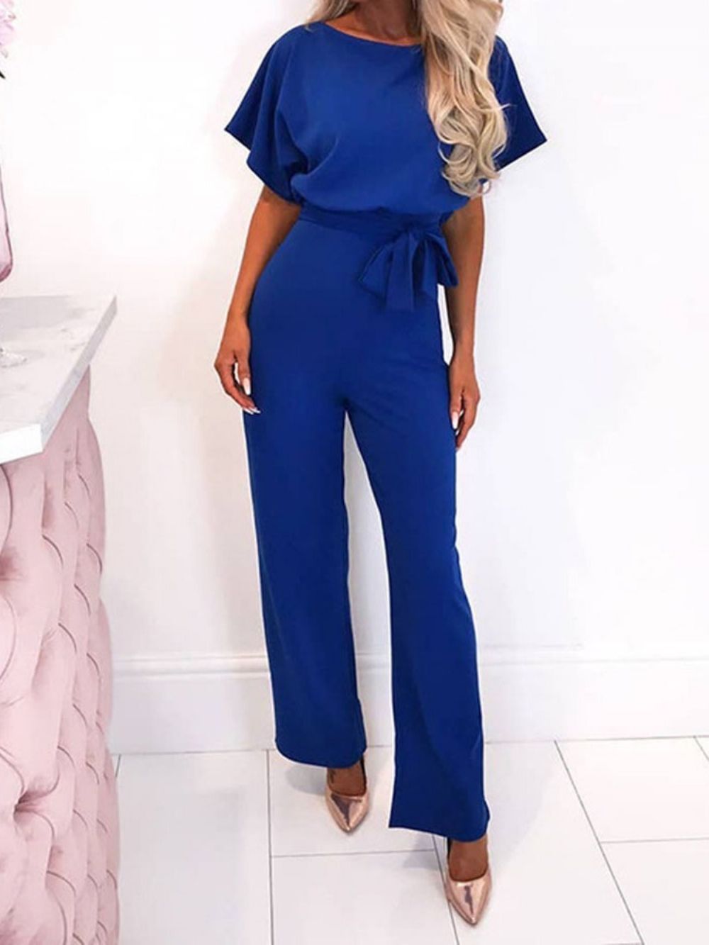 Effen Jumpsuit Met Hoge Taille En Losse Riem Over De Volledige Lengte