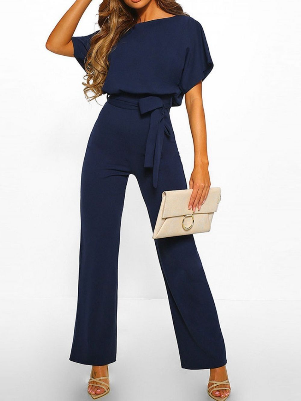 Effen Jumpsuit Met Hoge Taille En Losse Riem Over De Volledige Lengte