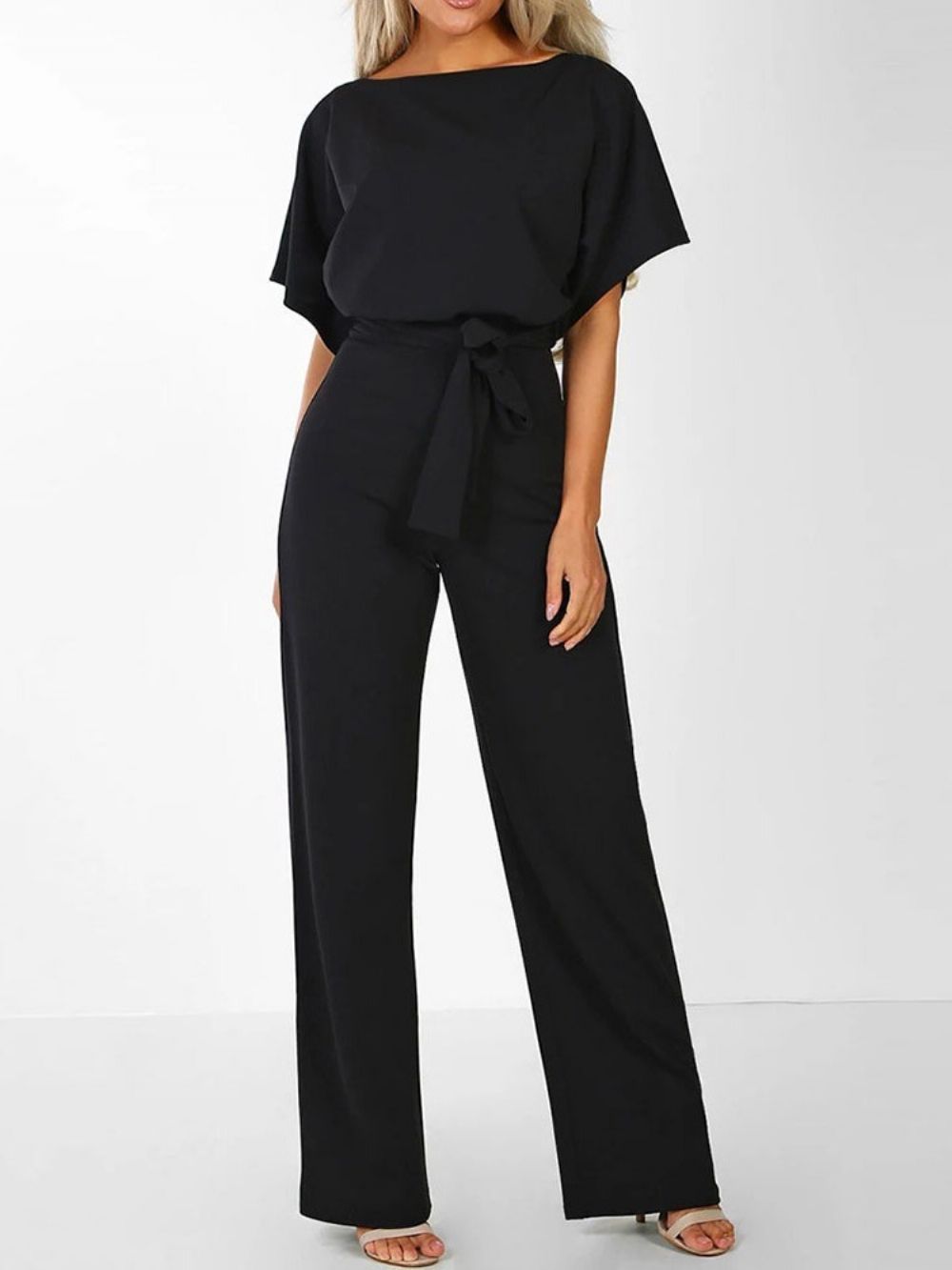 Effen Jumpsuit Met Hoge Taille En Losse Riem Over De Volledige Lengte