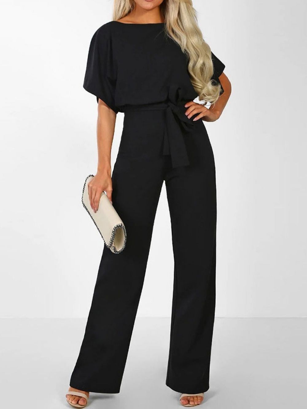 Effen Jumpsuit Met Hoge Taille En Losse Riem Over De Volledige Lengte