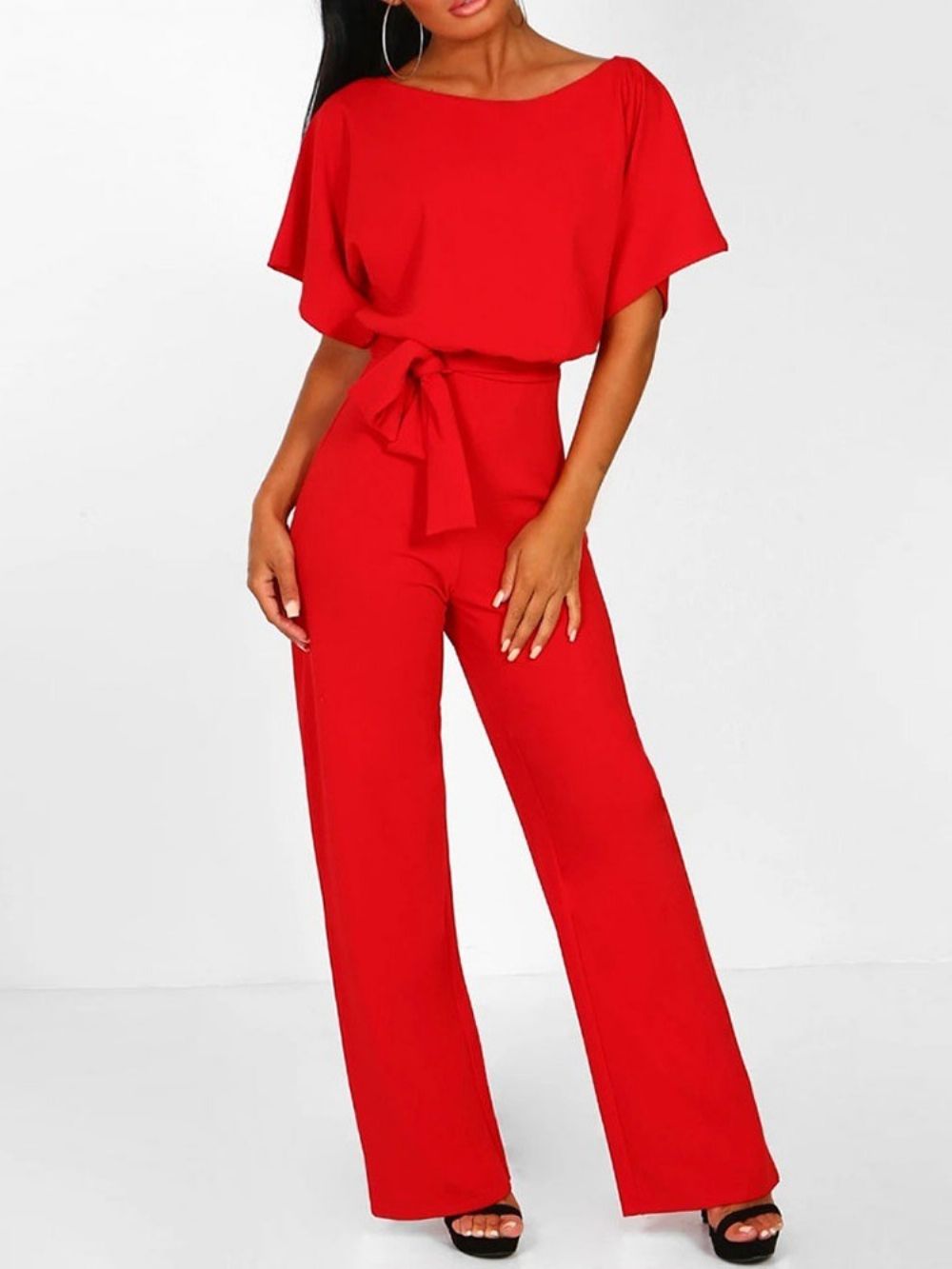 Effen Jumpsuit Met Hoge Taille En Losse Riem Over De Volledige Lengte