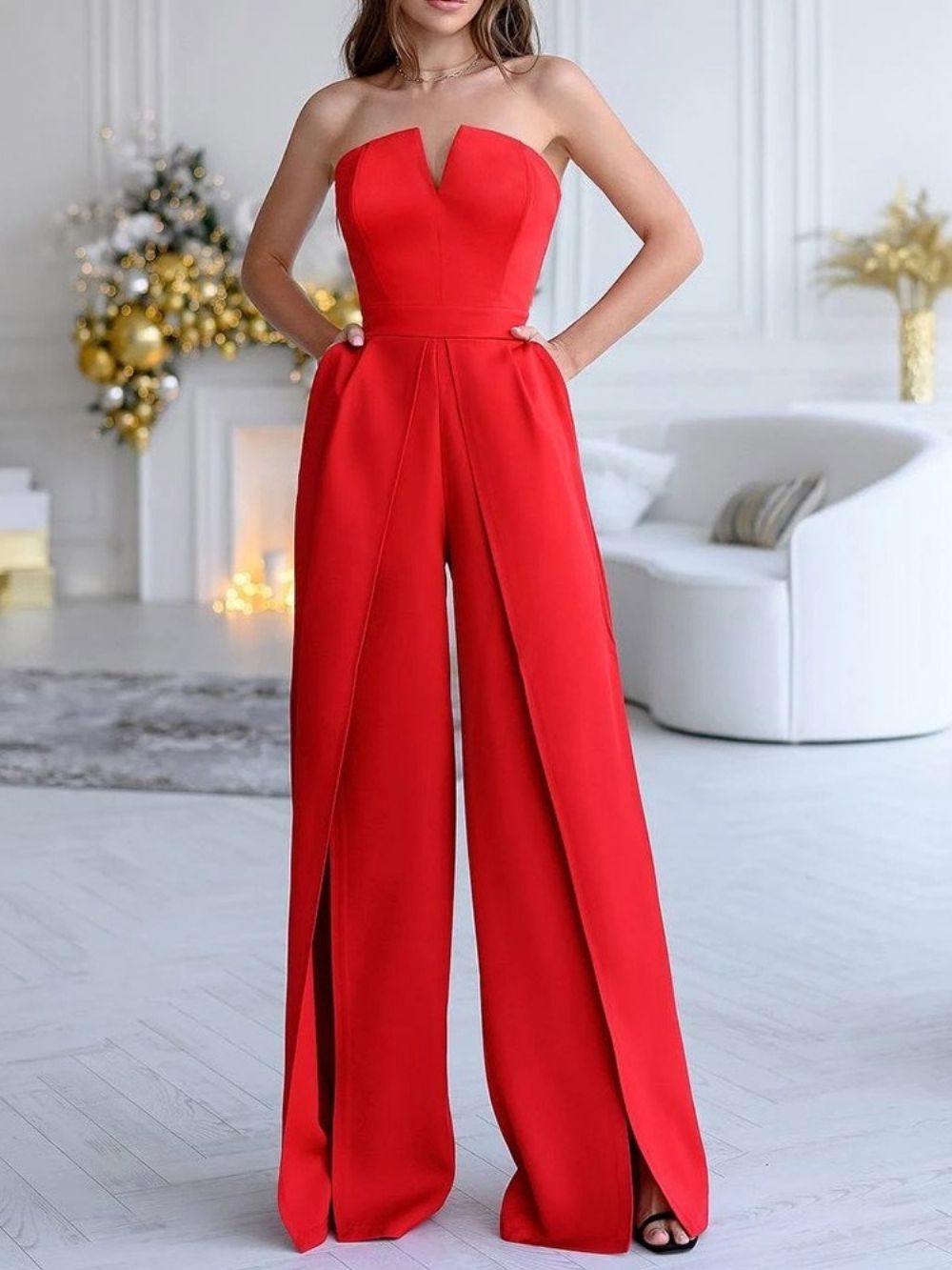 Effen Lange Modieuze Slanke Jumpsuit Met Halfhoge Taille