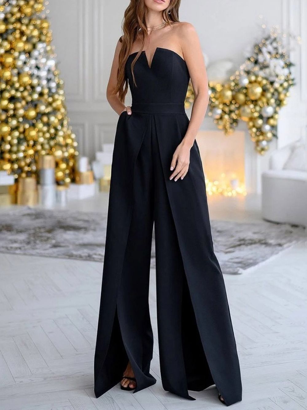 Effen Lange Modieuze Slanke Jumpsuit Met Halfhoge Taille