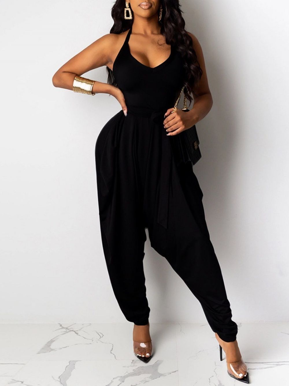 Effen Mode Hoge Taille Losse Dames Jumpsuit Met Volledige Lengte