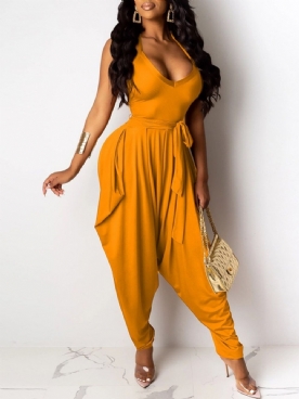 Effen Mode Hoge Taille Losse Dames Jumpsuit Met Volledige Lengte