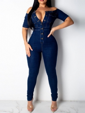 Effen Skinny Jumpsuit Van Denim Met Knopen