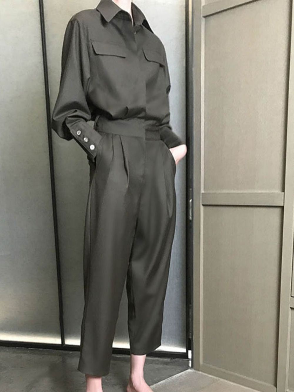 Enkellange Effen Mid-Taille-Jumpsuit Met Veters Dames