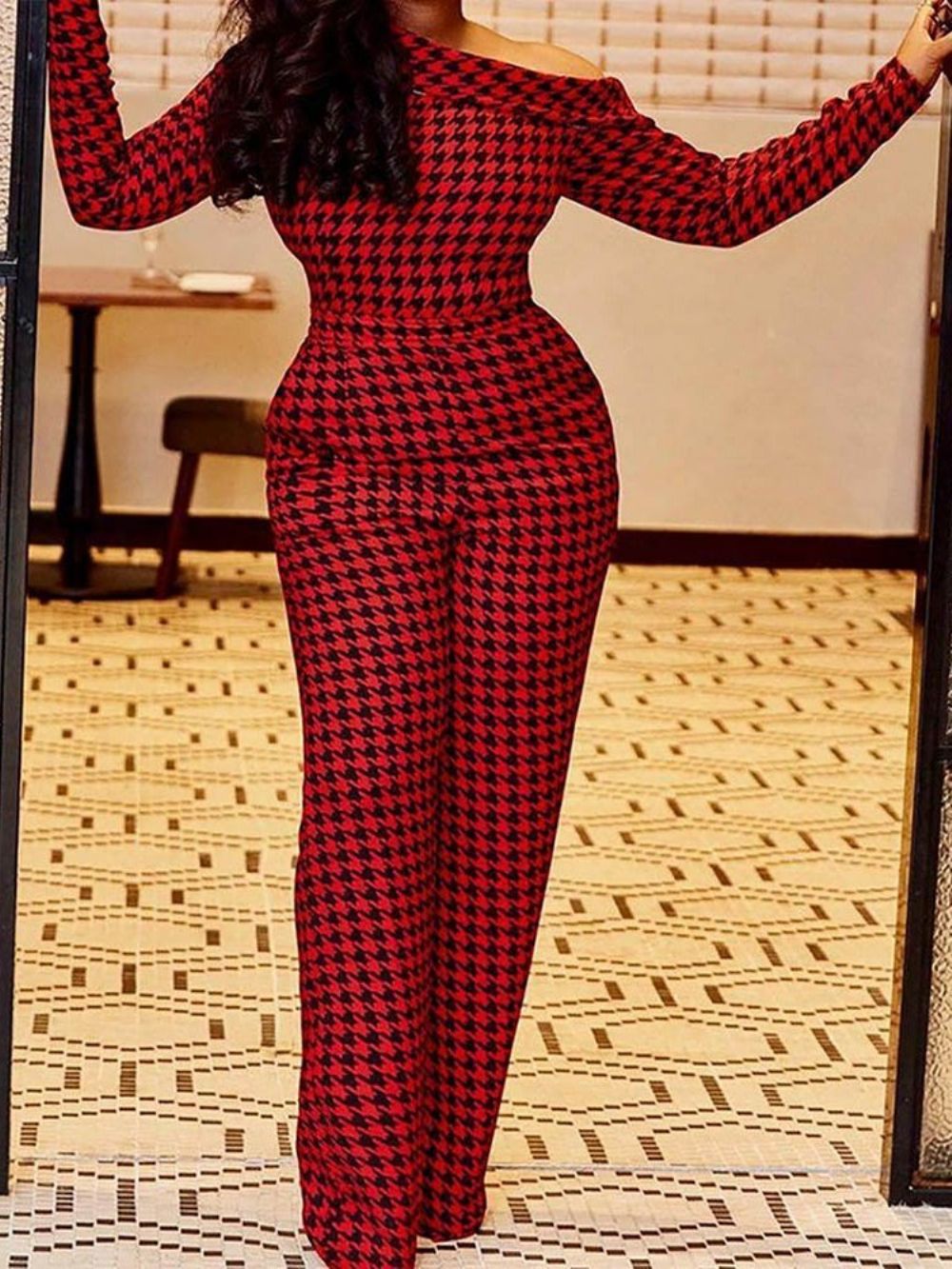 Feest- Cocktailprint Houndstooth-Jumpsuit Met Halfhoge Taille Dames