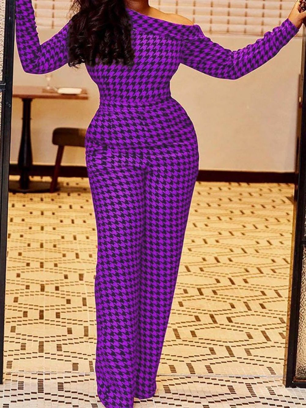 Feest- Cocktailprint Houndstooth-Jumpsuit Met Halfhoge Taille Dames