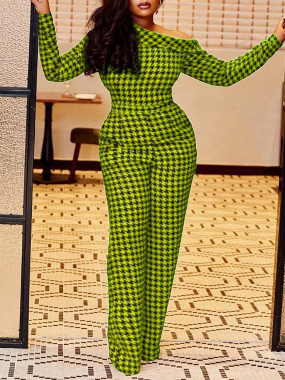 Feest- Cocktailprint Houndstooth-Jumpsuit Met Halfhoge Taille Dames