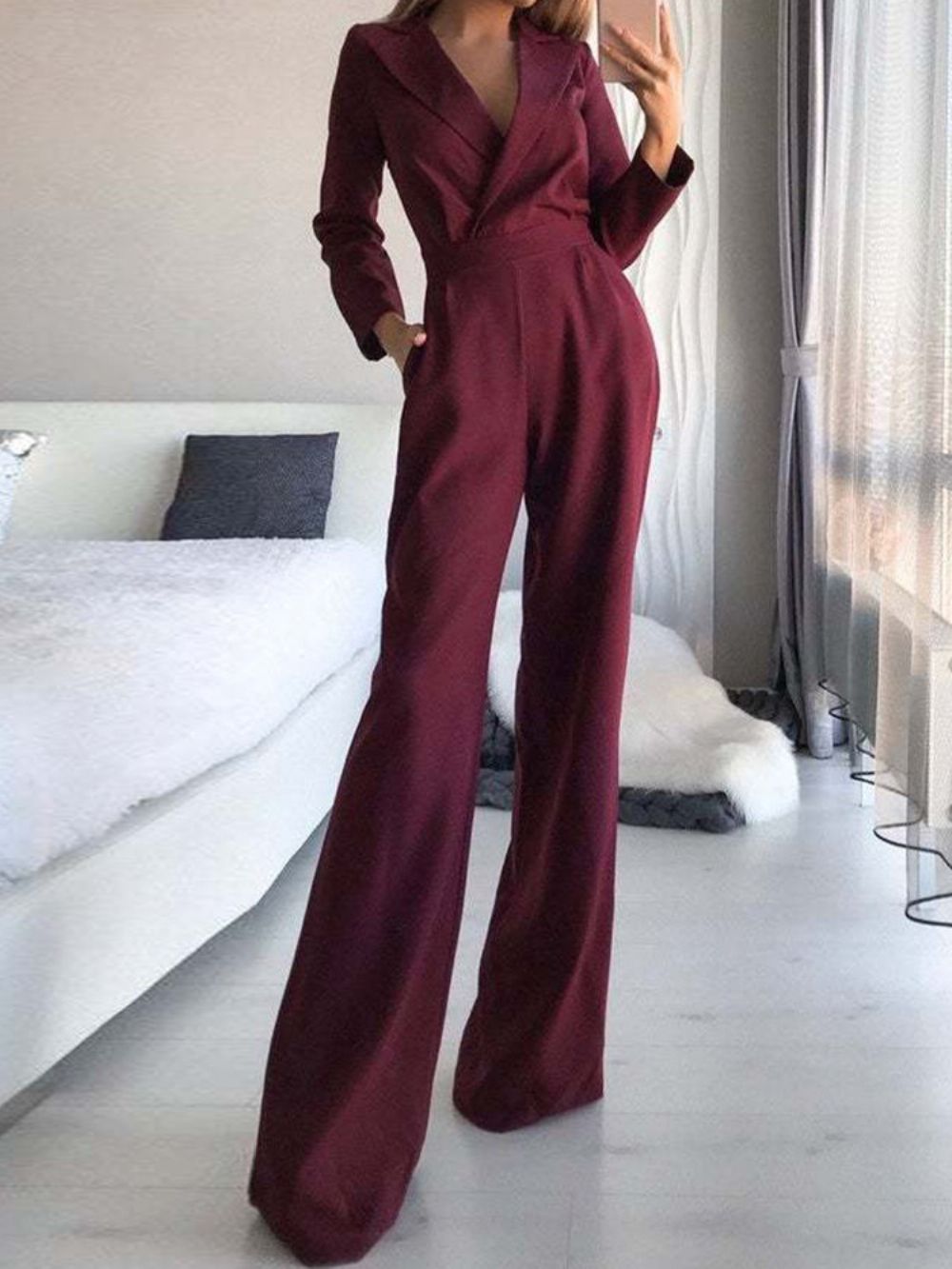 Formele Effen Rechte Jumpsuit Met Volledige Lengte En Halfhoge Taille