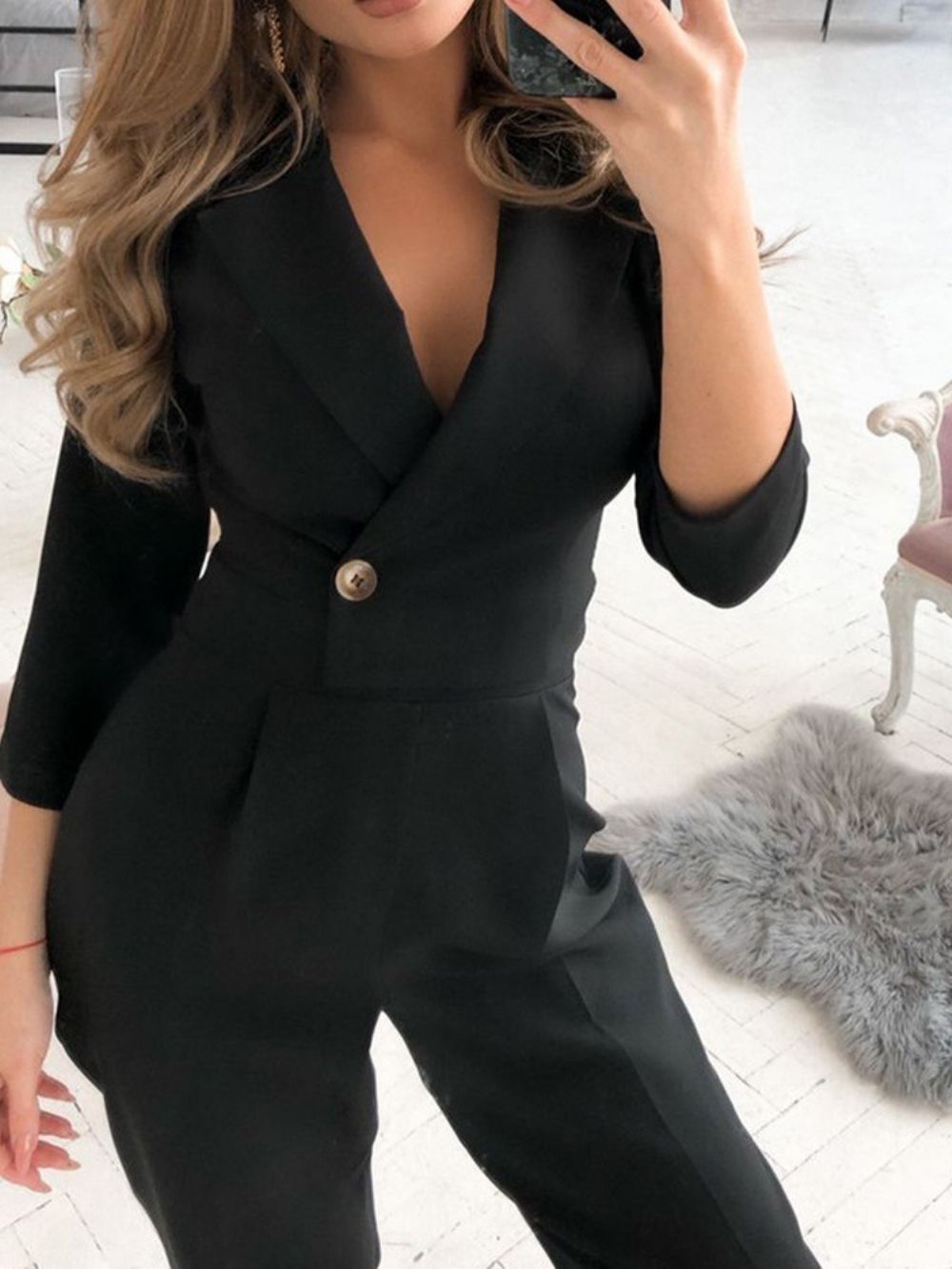 Full Length Office Lady Effen Slanke Mid Waist Blazer Jumpsuit