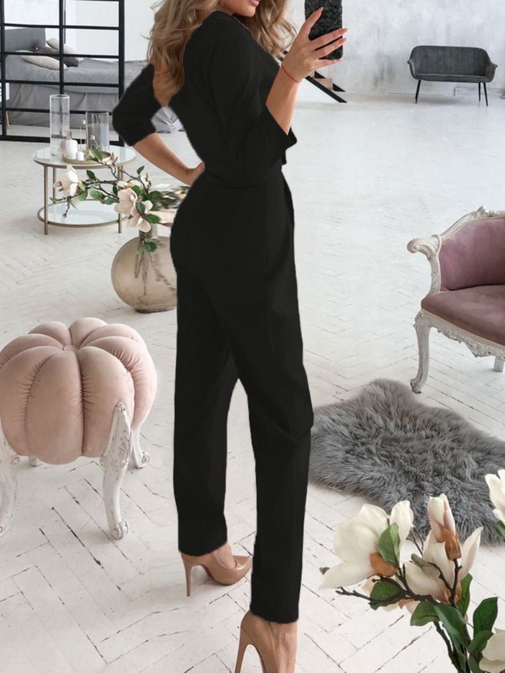 Full Length Office Lady Effen Slanke Mid Waist Blazer Jumpsuit