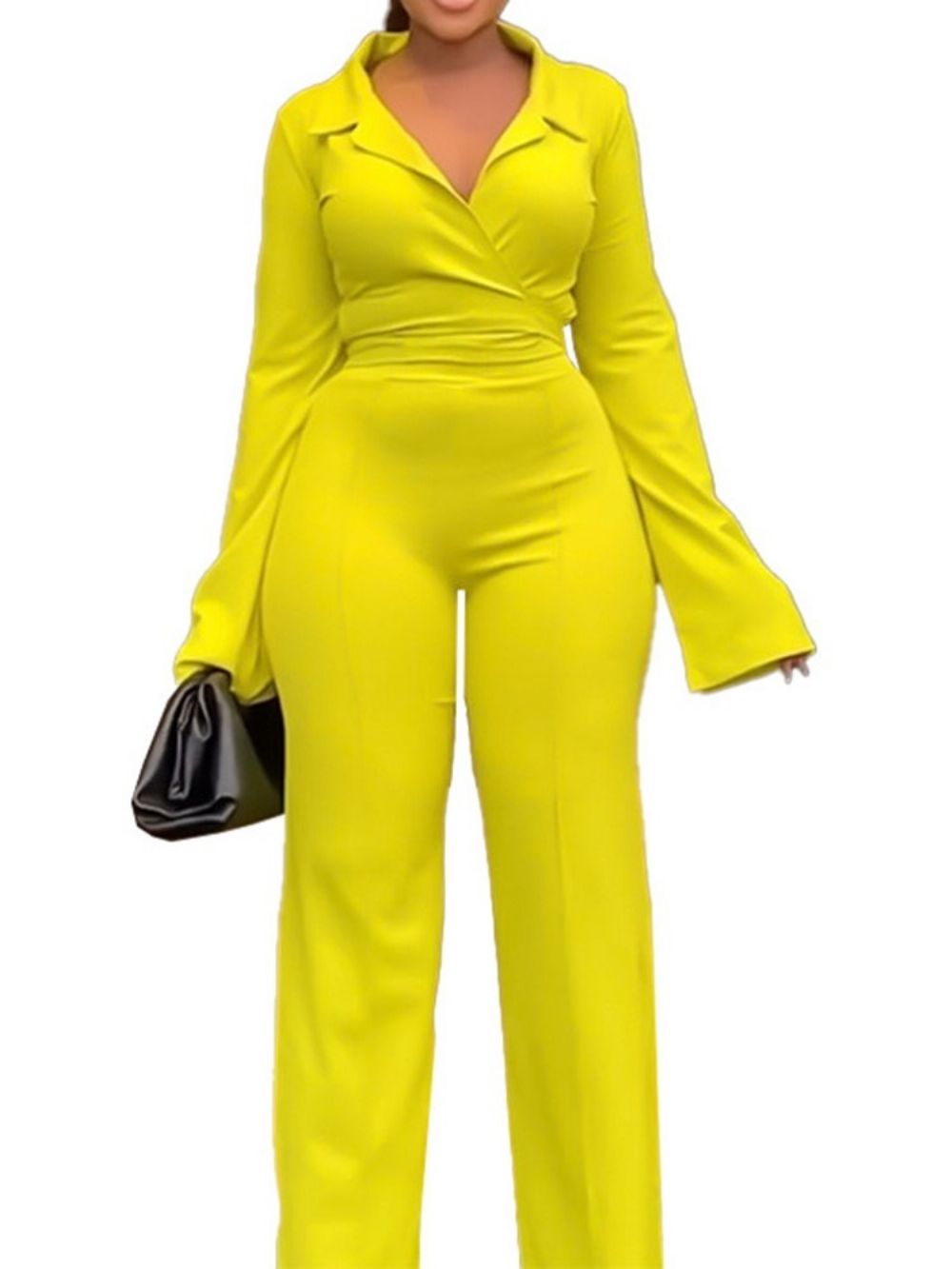 Gele Mode Volledige Lengte Rechte Hoge Taille Jumpsuit