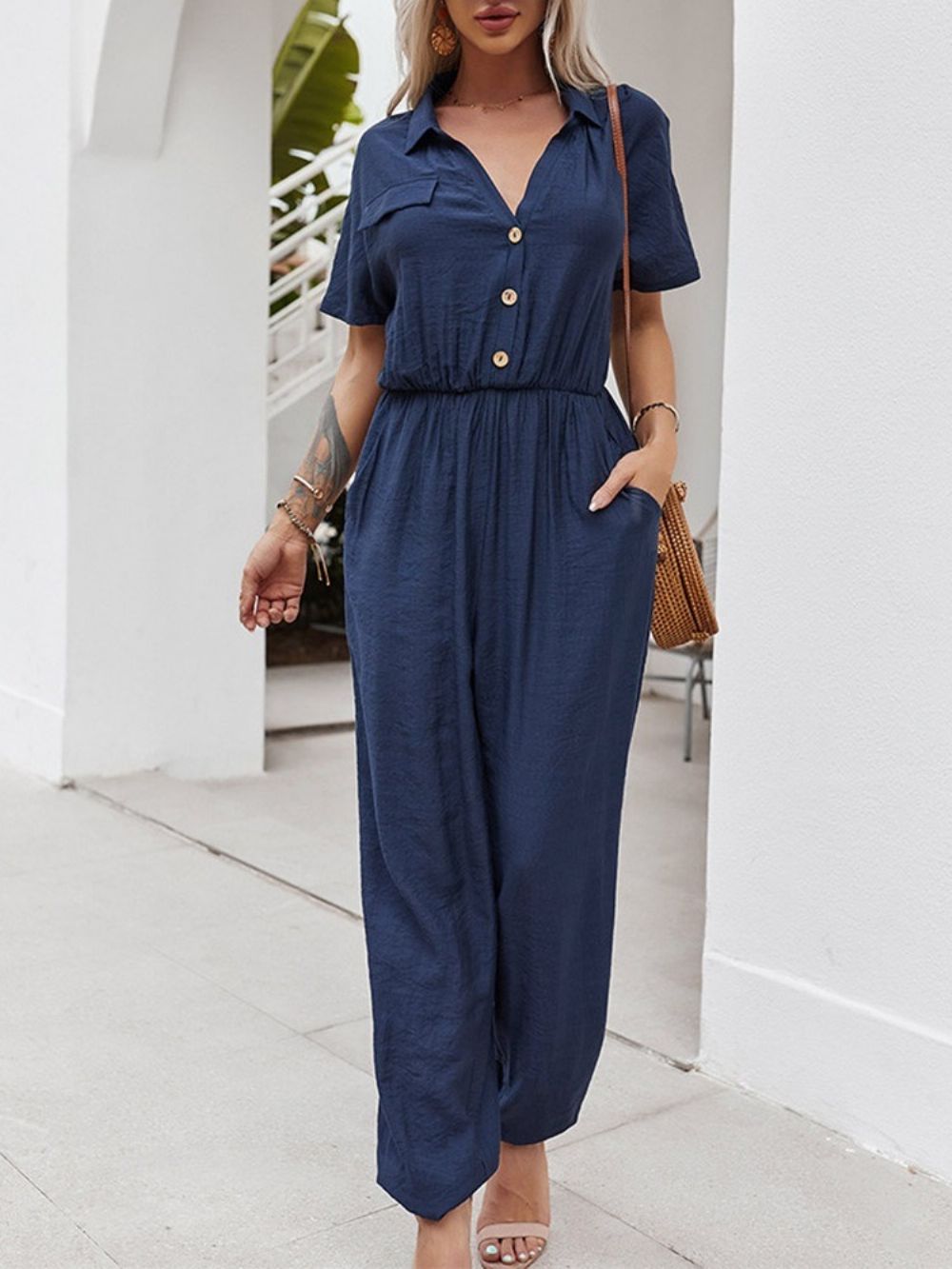 Geplooide Volledige Lengte Effen Losse Potlood Broek Dames Jumpsuit