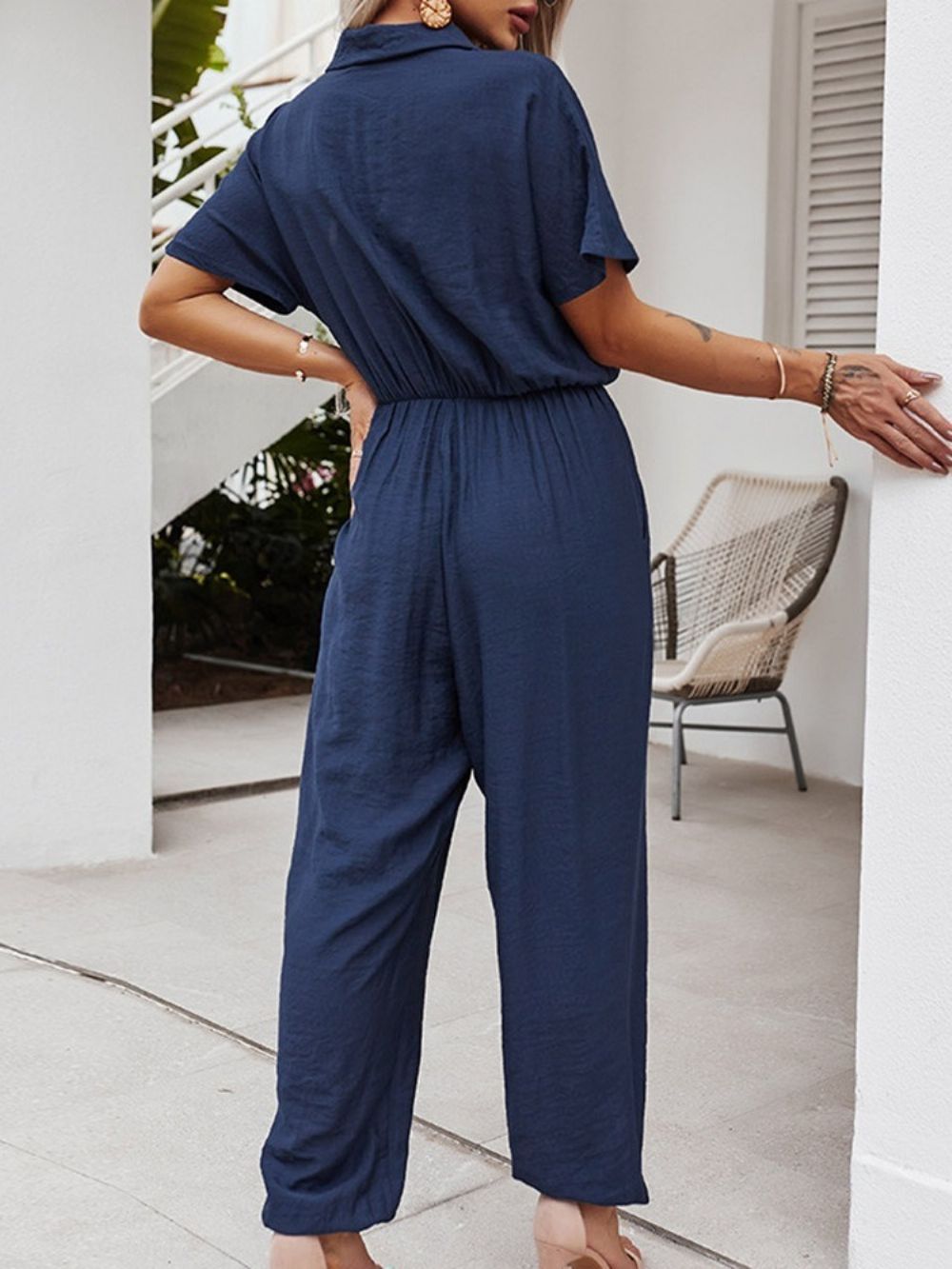 Geplooide Volledige Lengte Effen Losse Potlood Broek Dames Jumpsuit