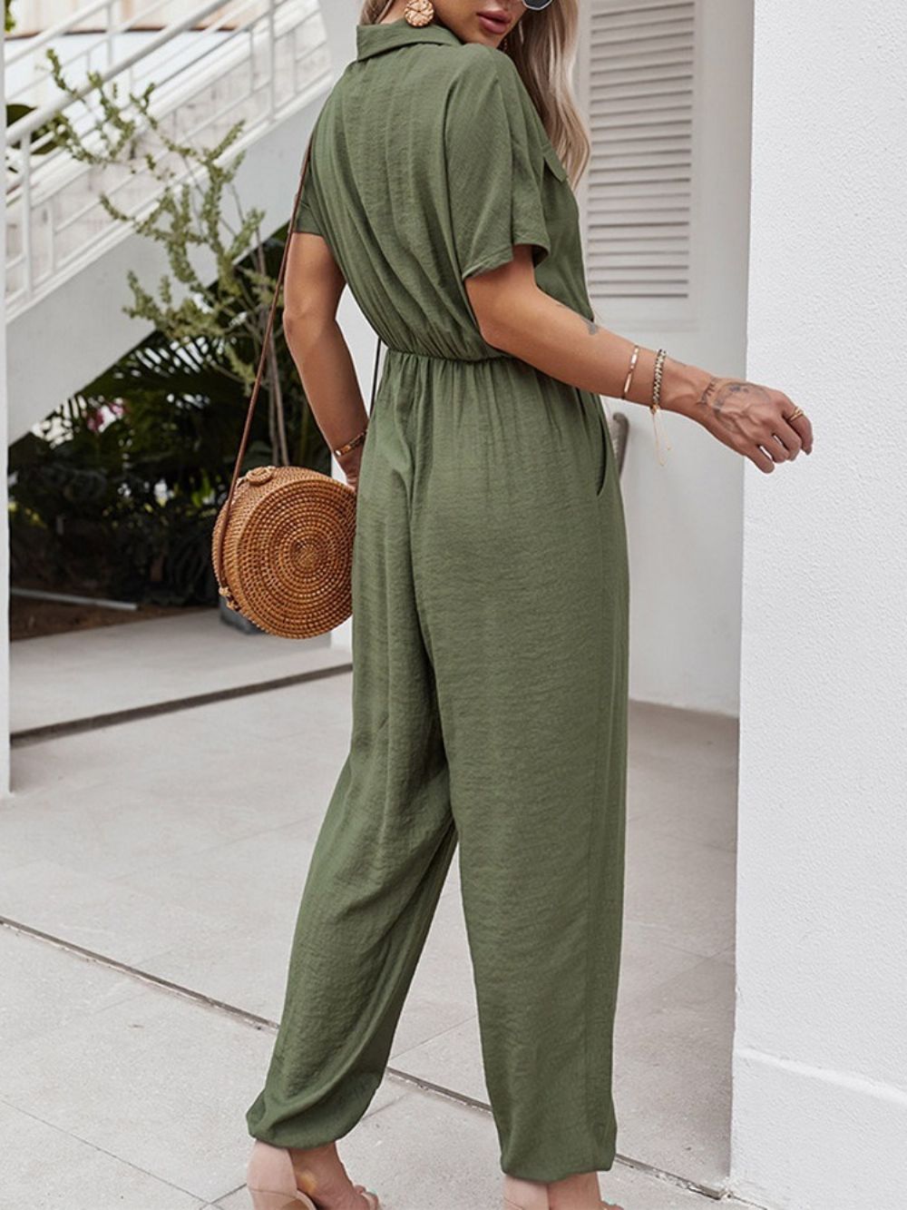 Geplooide Volledige Lengte Effen Losse Potlood Broek Dames Jumpsuit