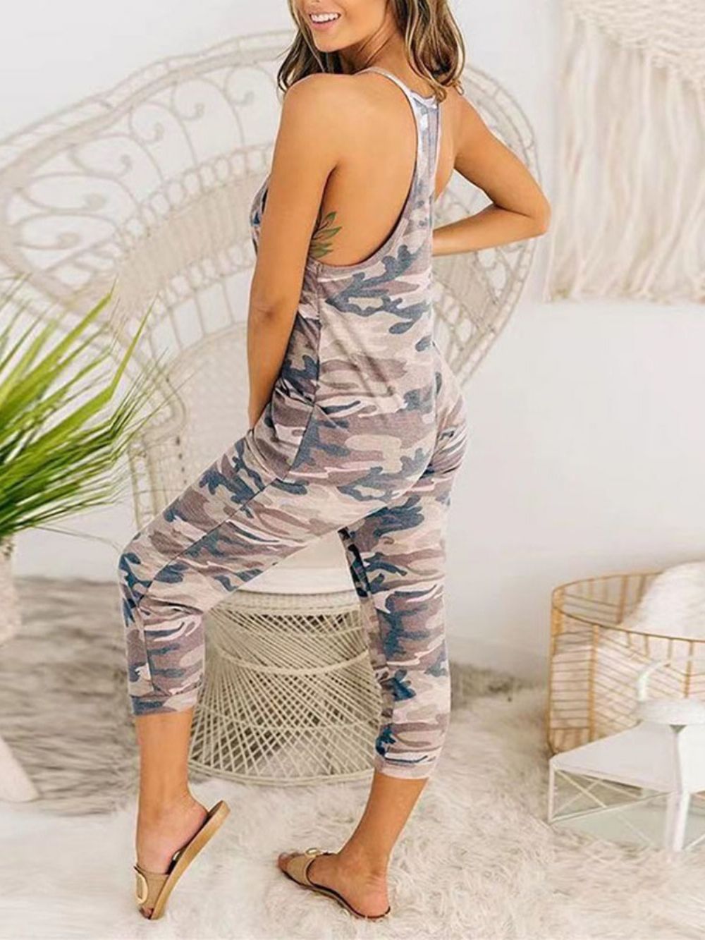 Halfhoge Camouflage Backless Potloodbroek Slanke Jumpsuit Dames