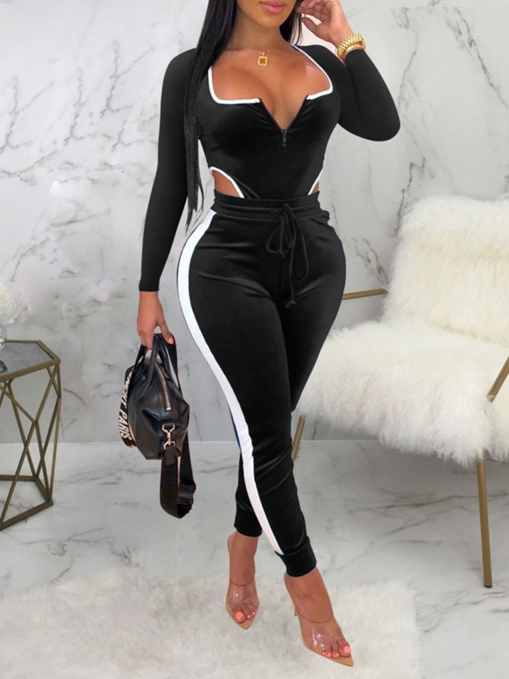 Kleurblok Sexy Enkellange Skinny Jumpsuit