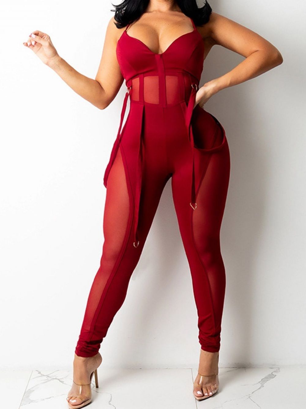 Mesh Sexy Doorzichtige Potloodbroek Over De Hele Lengte Skinny Jumpsuit