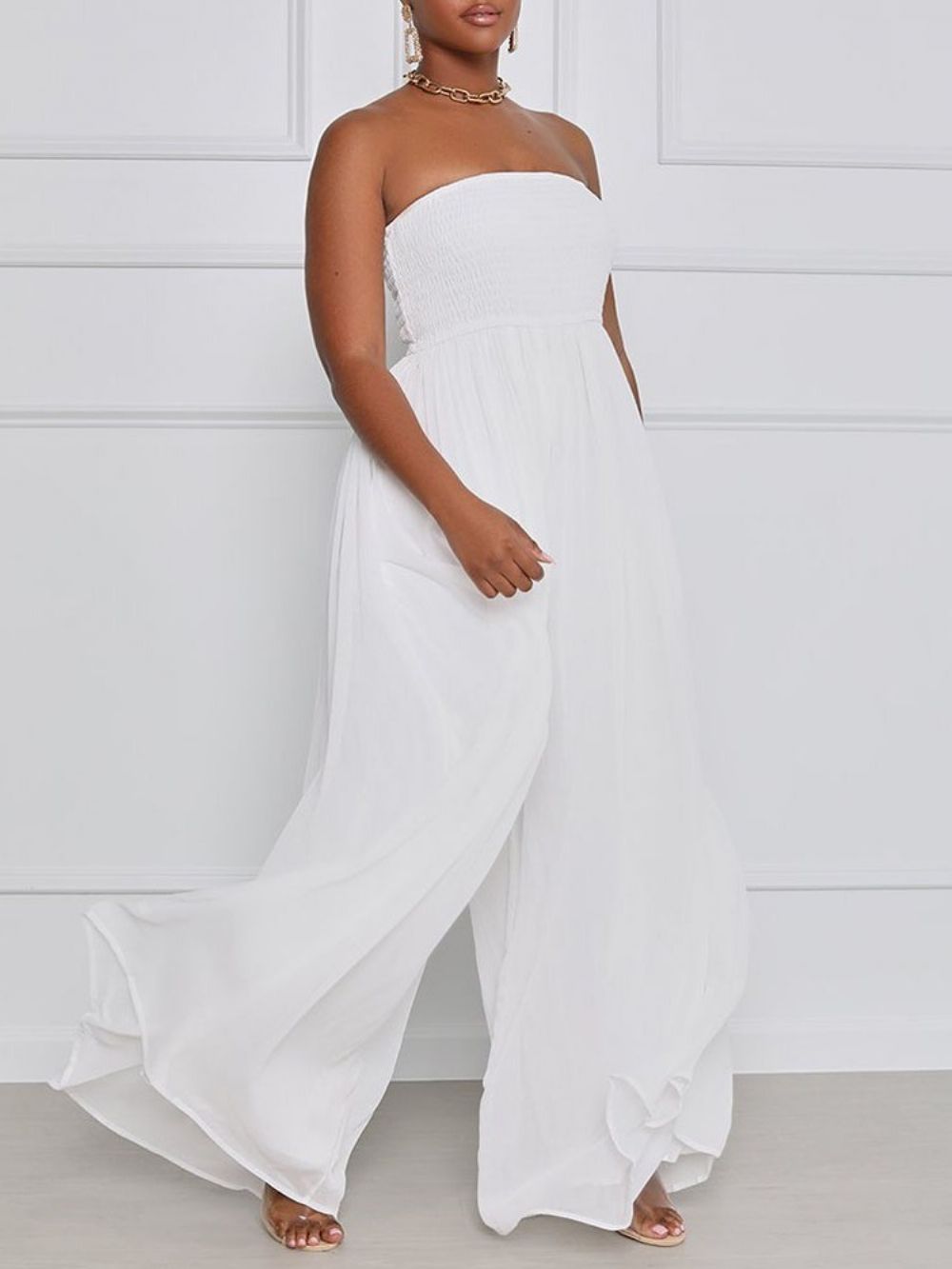 Mode Geplooide Damesjumpsuit Met Hoge Taille En Wijde Pijpen Over De Volledige Lengte